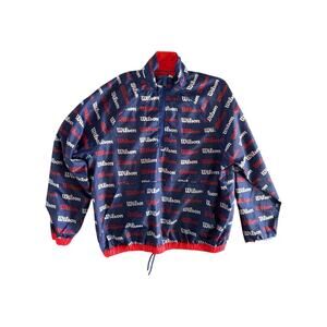 VTG Wilson Mens XL Windbreaker Jacket All Over Logo Retro Print Red White Blue